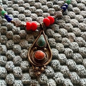 Authentic 60’s Nepalese Pendant Necklace Turquoise Coral Sterling Silver